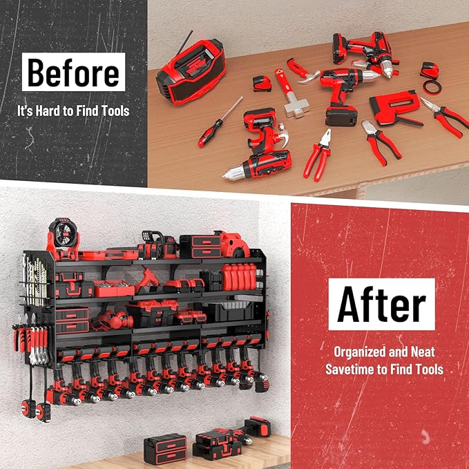 Large Power Tool Organizer Wall Mount-12 Drill Holder, Metal Heavy Duty Garage Tool Storage Shelves with Screwdriver Plier Holder, Gifts Idea for Men Dad Husband
