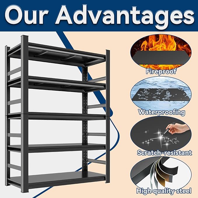 Garage Shelving, 2500LBS Garage Shelving Heavy Duty, Adjustable and Detachable Metal Storage Shelves with Fences, Easy Assembly, Shelves for Warehouse,Basement (35.4" W*15.7" D*72" H)