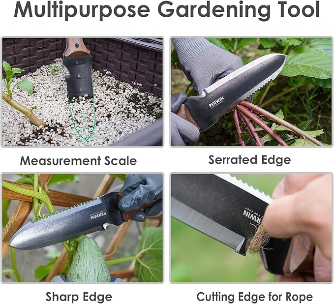 Hori Hori Garden Knife, Garden Tools with Sheath for Weeding,Planting,Digging, 7" Stainless Steel Blade with Cutting Edge, Full-Tang Wood Handle with Hanging Hole