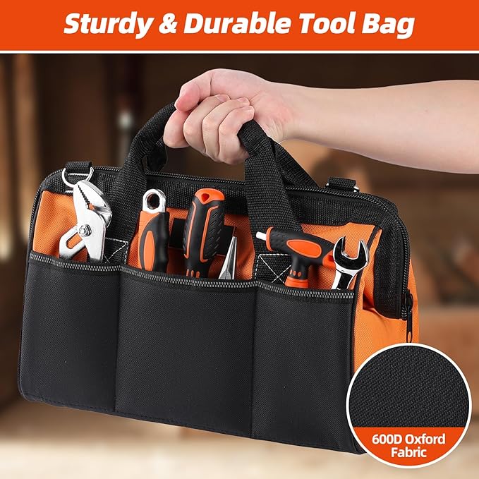 Tool Bag 14'', Thick Outer Pocket Tool Organizer Waterproof, Heavy Duty Tote with Shoulder Strap for Tool Storage, Black & Orange