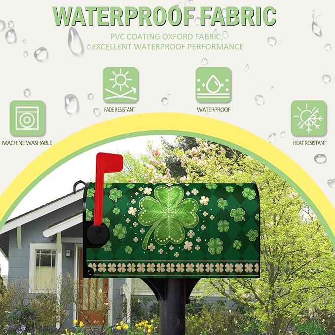 St Patrick's Day Mailbox Cover Magnetic Standard Size 18 X 21 Inch Green Shamrock Clovers Magnetic Mailbox Covers Spring Post Letter Box Cover Mailbox Wraps for Outside Garden Decor