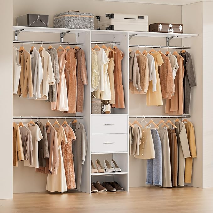 Closet System with Drawer, 5-8FT Closet Organizers and Storage with 5 Adjustable Hanging Rods and Shoe Rack, 96" Walk in Closet Organizers and Storage with Drawers, Heavy Duty, White