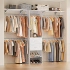 Closet System, 5-9FT Closet Organizer System with Wooden Drawers and Shoe Rack, Walk in Closet Organizers and Storage with 5 Adjustable Hanging Rods & Movable Shelves, Heavy Duty Wall Mount