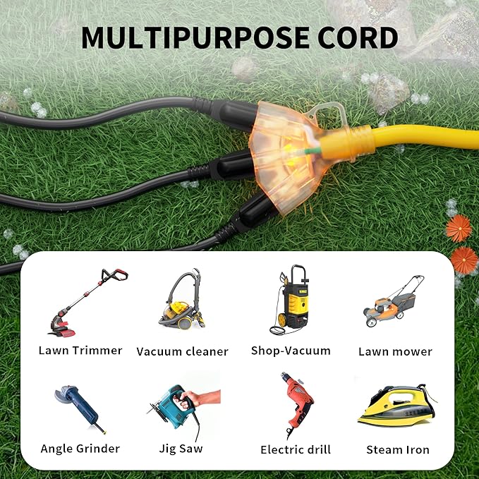 POWGRN 3 FT 2 Pack 12/3 Gauge Extension Cord with Multiple Outlets Outdoor, 3 Outlet Extension Cord Heavy Duty Yellow with Lighted, Tri-Tap Power Cable, 12AWG 15Amp 1875Watts 125Volts SJTW, ETL Listed
