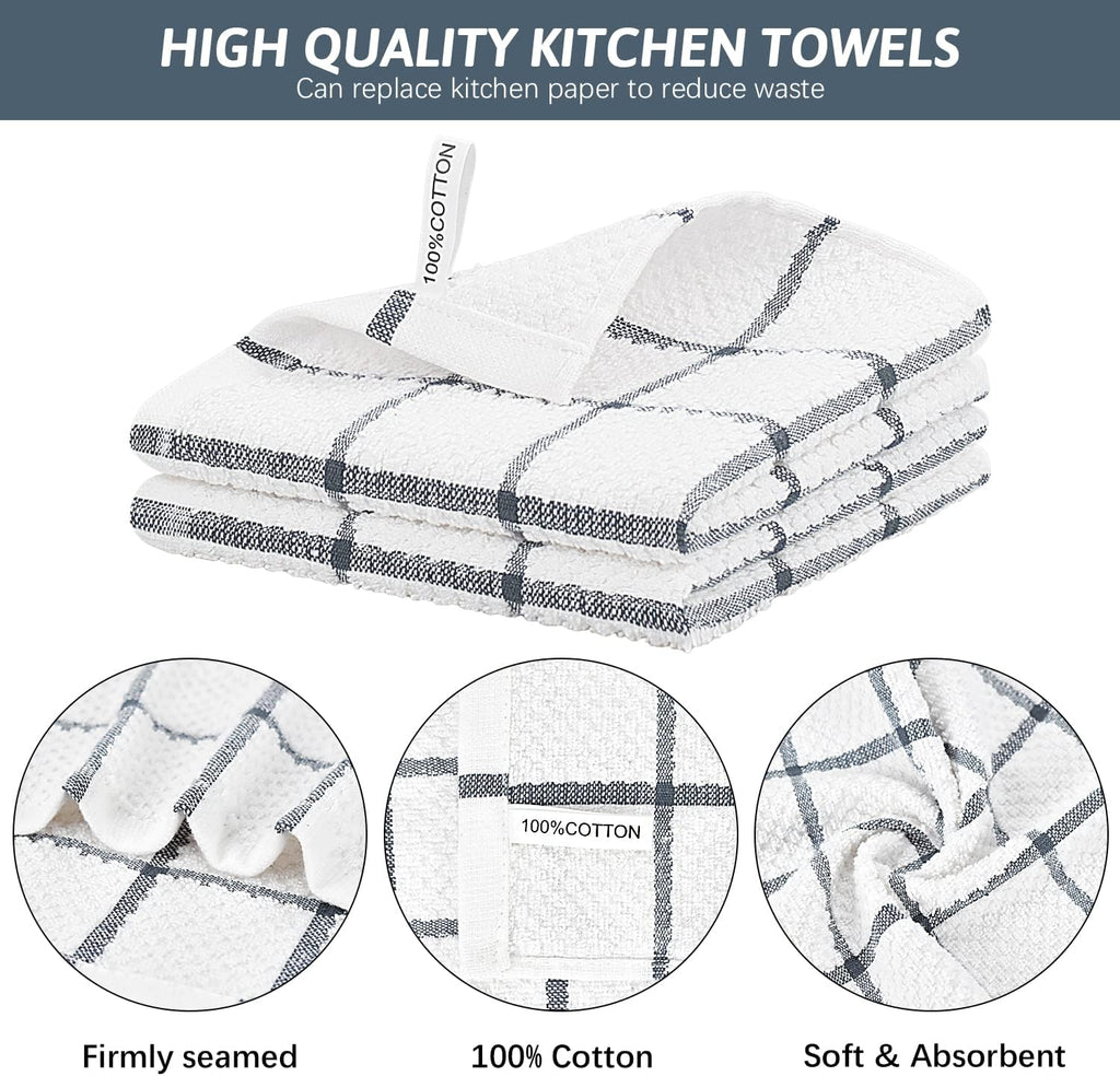 Nialnant 4PCS Cleaning Rags,100% Cotton Terry Dish Rags for Washing Dishes,Quick Drying Dish Cloths,Dish Towels for Kitchen,Grey Plaid-12x12in