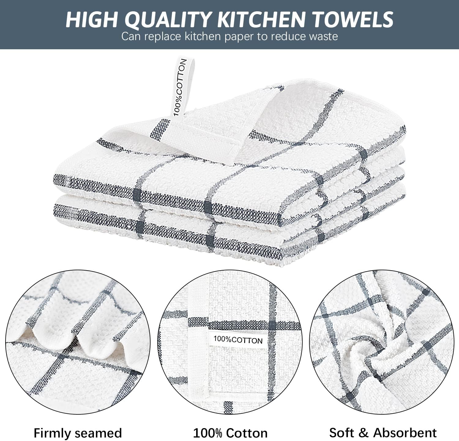 Nialnant 4PCS Cleaning Rags,100% Cotton Terry Dish Rags for Washing Dishes,Quick Drying Dish Cloths,Dish Towels for Kitchen,Grey Plaid-12x12in