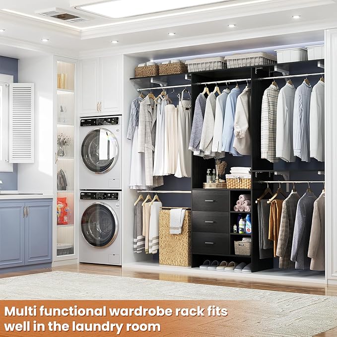 Aheaplus Closet System, Closet Organizer with 3 Wooden Drawers, 8FT Closet Organizer System, 96’’ Walk-in Closet Wardrobe Clothes Rack with Hanging Rods, Adjustable Garment Rack, Fits 5.3-9 ft, Black