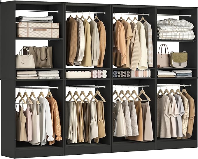 Unikito 100 Inch Large Closet System, 8.3FT Wood Closet Organizer Kit with 8 Hanging Rods, Adjustable Walk in Wardrobe Closet Tower, Sturdy Luxury Clothes Garment Rack, Easy Assembly, Set of 4, Black
