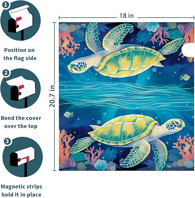 Nautical Sea Turtle Coral Seashell Mailbox Covers Summer Ocean Beach Blue Mailbox Covers Magnetic Standard Size 21x18 Inch Waterproof Mail Box Wraps Post Letter Box Covers Garden Yard Outdoor Decor