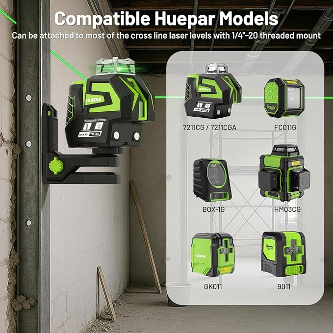 Huepar Fine-tuning Bracket for Line and Point Laser Levels, 1/4"-20 Male Thread L-Shape Magnetic Pivoting Base with 1/4"-20 and 5/8"-11 Female Threaded Mounts on Bottom for Wall & Ceiling Mount - PV12