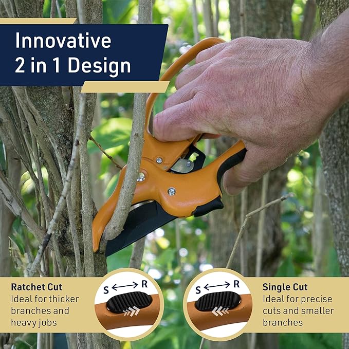 Kings County Tools Ratcheting Hand Pruner | Extra Cutting Strength | Adjust Grip to Activate Ratchet Mechanism | Cast Aluminum with Rubber Grip on Handle | Carbon Steel Blade