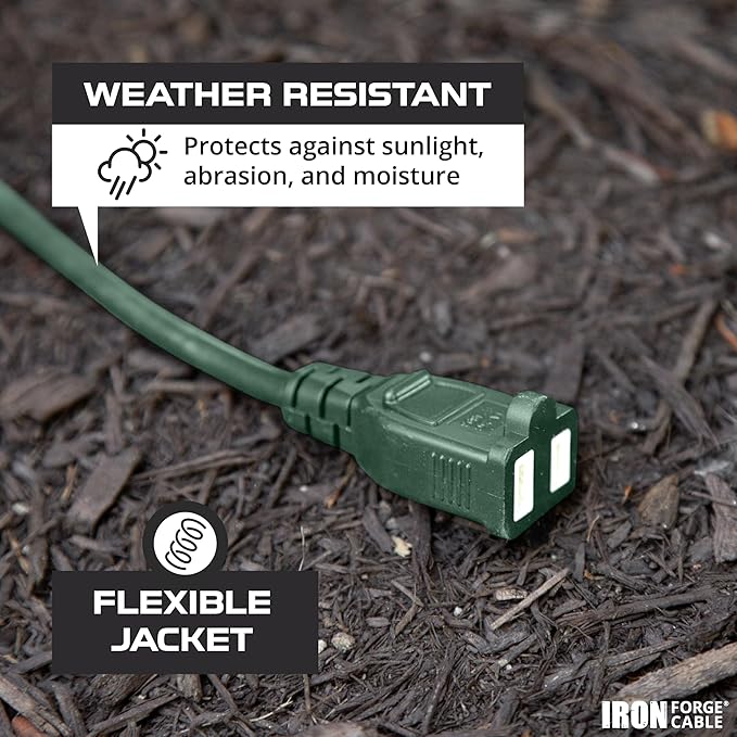 Iron Forge Cable 2 Prong Outdoor Extension Cord 10 ft - 16 Gauge 13 Amp Heavy Duty Power Extension Cords - SJTW - Great for Landscaping, Lawn, Outdoor Lights - Green