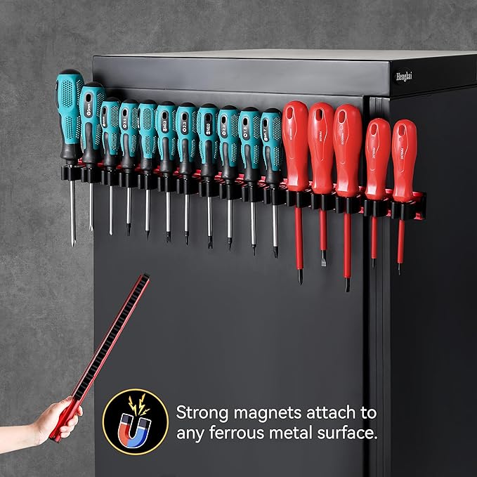 Magnetic Screwdriver Organizer, Aluminum Alloy Rail Tool Holder, Fits Up to 16 Screwdrivers (Red)