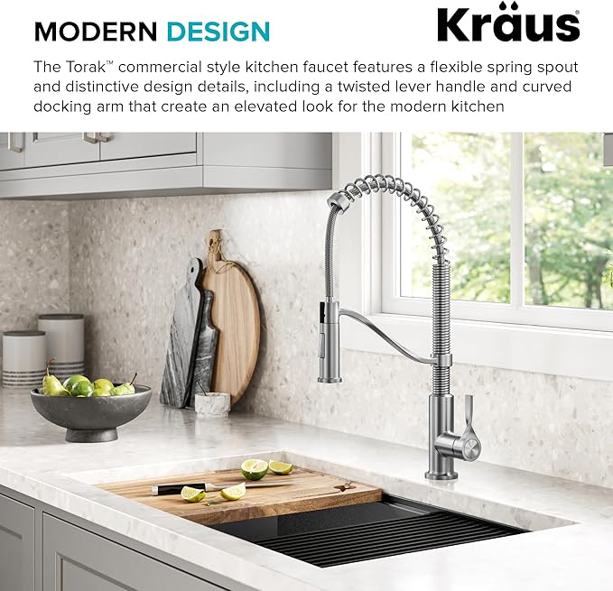 KRAUS Torak Pull Down Kitchen Faucet in Spot-Free Stainless Steel with Commercial Style Spring Spout, 2 Function Sprayer, Pre-Attached Water Lines, and Mounting Hardware, KPF-2635SFS