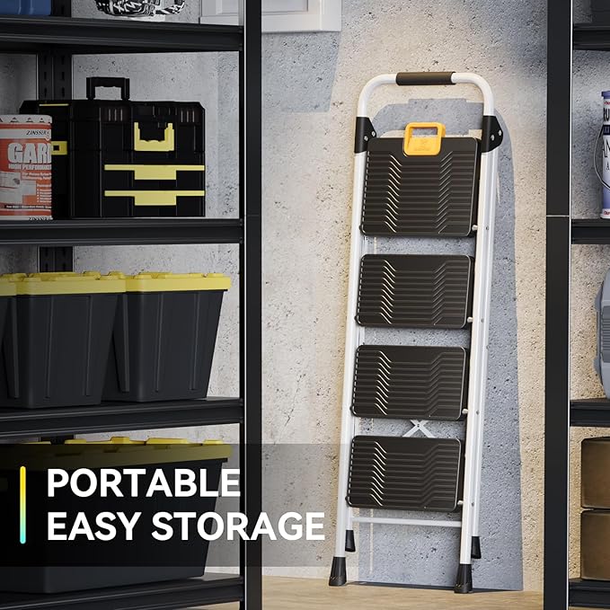 KINGRACK 4 Step Folding Ladder, 800lbs Capacity Step Stool with Safety Lock, Non-Skid Wide Pedals, and Handrail, Lightweight, Household Ladder for Home, Kitchen, Pantry, Closets, and Office Use, White