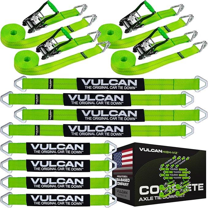 Vulcan Complete Axle Tie Down Kit - High-Viz - Includes 4x 22" & 36" Axle Straps, 4x 15' Wire J Hook Ratchet Straps