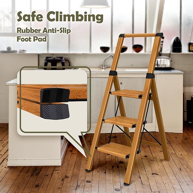 Taranta 3 Step Ladder, Portable Folding Ladder with Wide Pedal, Lightweight Aluminum Step Stool with Convenient Handgrip, 330 lbs Capacity Stepladder for Home, Office - Woodgrain