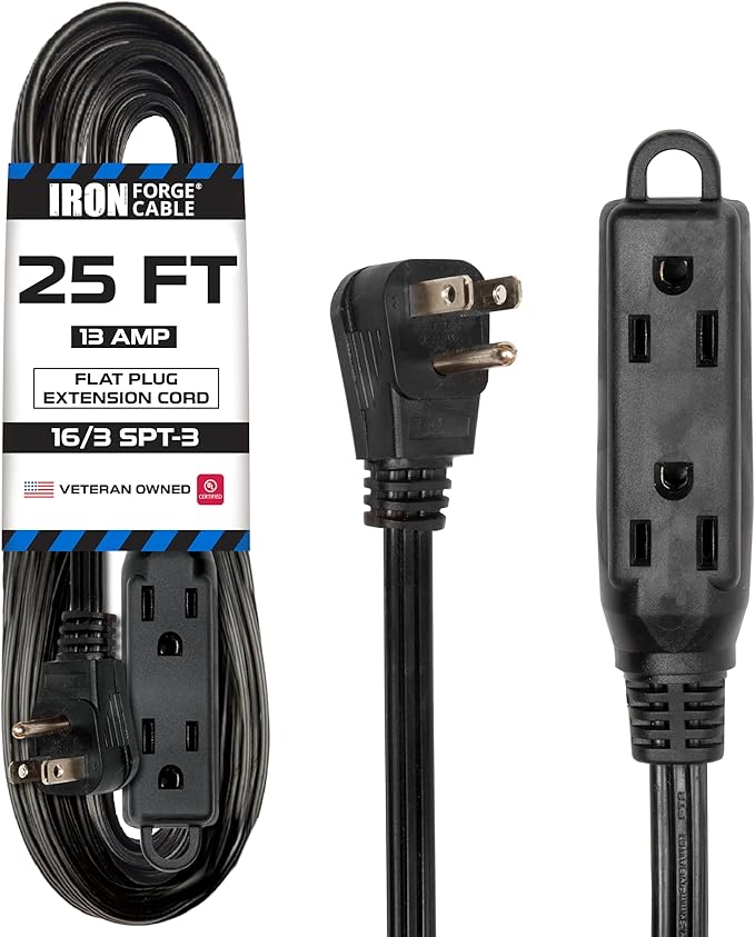 Iron Forge Cable 25 ft Flat Plug Black Extension Cord with 3 Outlets - 16/3 SJTW 3 Prong Indoor Extension Cord with Multiple Outlets