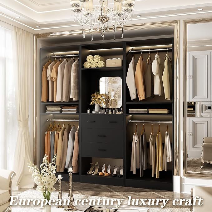 Unikito 75 Inch Walk in Closet System with 4 Drawers, 6.3FT Closet Organizer with Hanging Rods and Mirror Design, Reversible Large Closet Wardrobe with Shelves, Adjustable Closet Tower, Black
