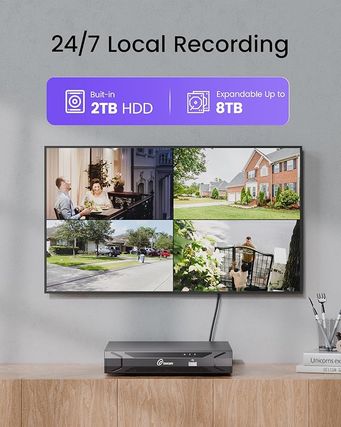 Loocam 4K Security Camera System 8CH H.265+NVR with 2TB HDD, 8pcs 8MP Wired PoE Camera System AI Human Vehicle Detection, Outdoor Indoor Home Camera System with Audio, Night Vision, 24/7 Recording