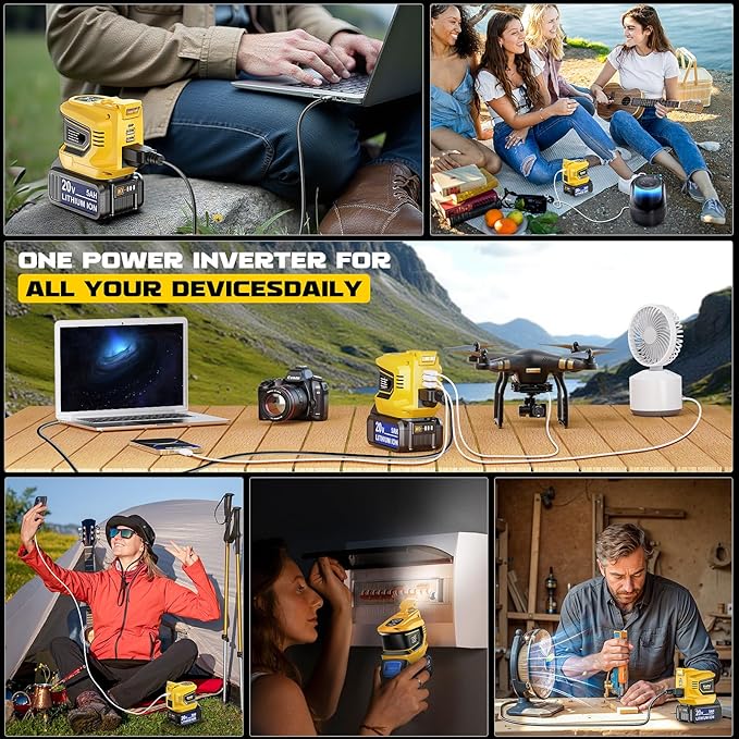 Power Inverter 200W Portable Power Station Generator Compatible with DeWALT, Ecarke Real 200W Supply Charger Adapter with Dual USB,AC Outlet and Type-C with 5Ah Battery & Charger Station Kit