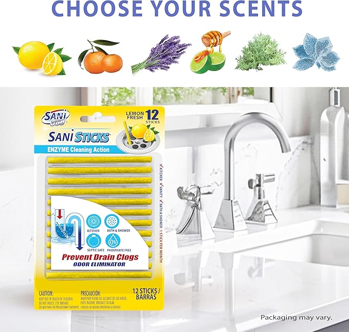 SANI 360° Sani Sticks Drain Cleaner and Deodorizer, 48 Count, Lemon Scent Enzyme Pipe Cleaners, Eliminate Odors, Prevent Clogged Drains, Safe for Sinks, Bathtub Drains, Septic Tanks
