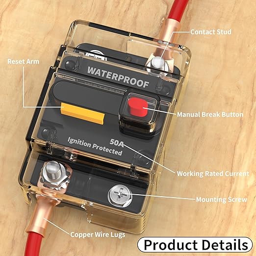DaierTek 50 Amp Circuit Breaker 2-Pack with Transparent Cover Waterproof Marine Circuit Breaker 12V - 48V Resettable Inline Fuse Switch, 12 Volt 50A Breaker for Boat Trolling Motor Car Automotive