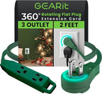 GEARit 360 Rotating Flat Plug Short Extension Cord with 3 Outlets (2ft, Green) 16AWG/13A 3 Prong Wire, Outlet Saver for Home Office Dorm Room Essentials, ETL Certified
