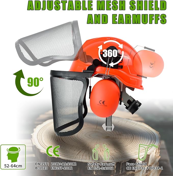 Chainsaw Helmet with Face and Ear Muffs, Forestry Safety Helmet for Mowing, Trimming, Yard Work, Landscaping, Construction and Weed Whacking
