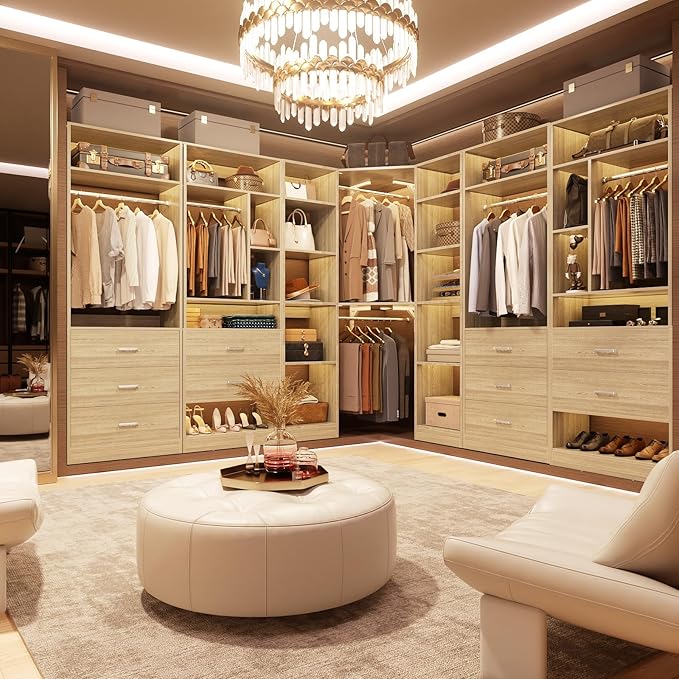 Corner Closet System with 12 Shelves, 39.2" Corner Closet Organizer System with 2 Hanging Rods, Versatile 6-Tier Walk-in Closets for Corner Space, White Oak (39.2" L x 39.2" W x 80" H)