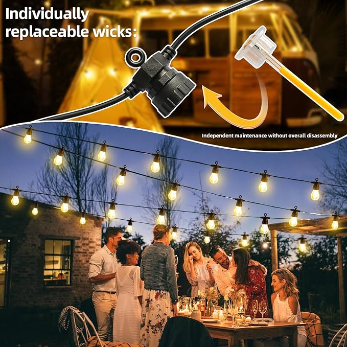 LED Outdoor String Lights with 20 Shatterproof Edison Bulbs, 39.4FT Commercial Grade Patio Lights, Replaceable Wick Outside Hanging Lights Waterproof for Porch, Deck, Garden, Backyard 2700K