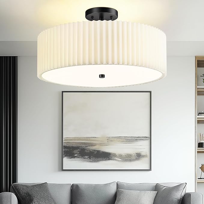 Semi Flush Mount Ceiling Lights, 4-Light 18" Matte Black Ceiling Light Fixture with White Pleated Fabric Shade, Drum Lamp for Nursery Hallway Bedroom Kitchen, AD-25036-4SF-BK