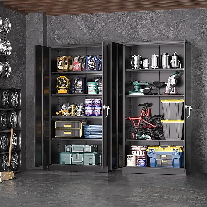 Greenvelly Metal Garage Storage Cabinet, 72” Locking Black Tool Steel Cabinet with Doors and 4 Shelves, Tall Metal Cabinets with Garage Storage Systems for Home Office, Kitchen/Pantry