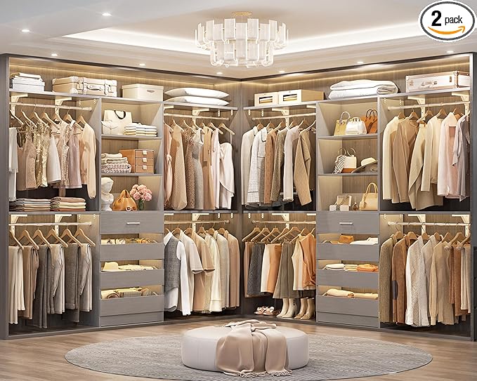 Aheaplus Closet System with Drawers Set of 2, Wood Closet Organizer System with 8 Hanging Rods & Top Shelves, Walk-in Closets Organizer Wardrobe Clothes Rack System, Cut Fits Spaces 4-9FT. Wide, Grey