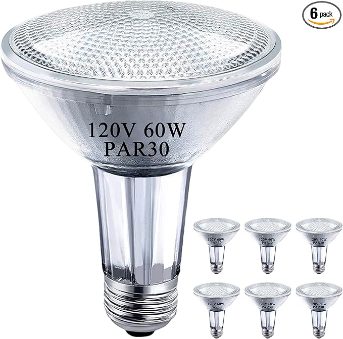 PAR30 Long Neck Halogen Bulbs, 120V 60W PAR30 Flood Light Bulb, Dimmable, E26 Medium Base, 2700K Warm Lighting, 3000 Hours for Recessed Light Bulb, 6 Pack