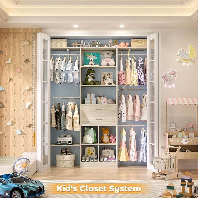 5FT Small Closet System, Baby Closet Organizer System with Wooden Drawers, 60 Inches Walk in Closet System with 5 Hanging Rods and 3 Reversible Hanging Shelving, Greige Oak