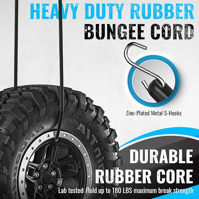 GOEASY0312 Rubber Bungee Cords with Hooks - Heavy Duty Max Stretch 1.8X & Over 180 LBS Load, 100% EPDM Bungee Straps, 10", 15", 21", 31" (10 Pack) for Cargo, Trucks & Outdoor Extreme Weather Use