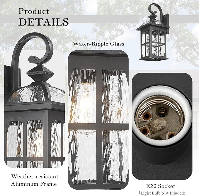 Darkaway Large Outdoor Wall Light, 22inch Exterior Light Fixture with Water Ripple Glass, Aluminum Outside Lights Sconces Exterior Lighting for House Porch Patio Doorway Garage