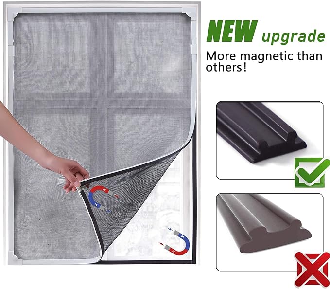 DIY Magnetic Window Screen Replacement Adjustable Mesh Screen 55"H*36"W with Magnets Fits Any Size White Frames with Grey Fiberglass Screen