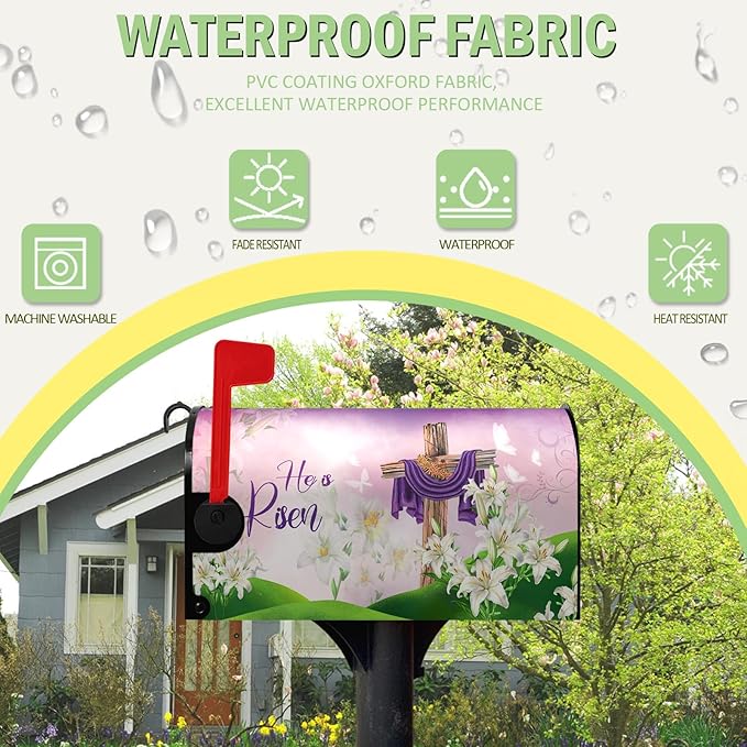 Easter Mailbox Covers Magnetic Large Size Cross Religious He is Risen Mailbox Post Cover Oversized Spring Lilies Floral Mailbox Wraps Waterproof Mailbox Decor for Garden Yard 21x25.5 Inch