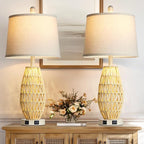 27“ Beige Rattan Table Lamps with Night Light, Boho Bedside Lamps Set of 2, Woven Wicker Bedroom Lamp for Nightstand with USB A+C Charging Port & AC Outlet, Tall Coastal Living Room Lamp