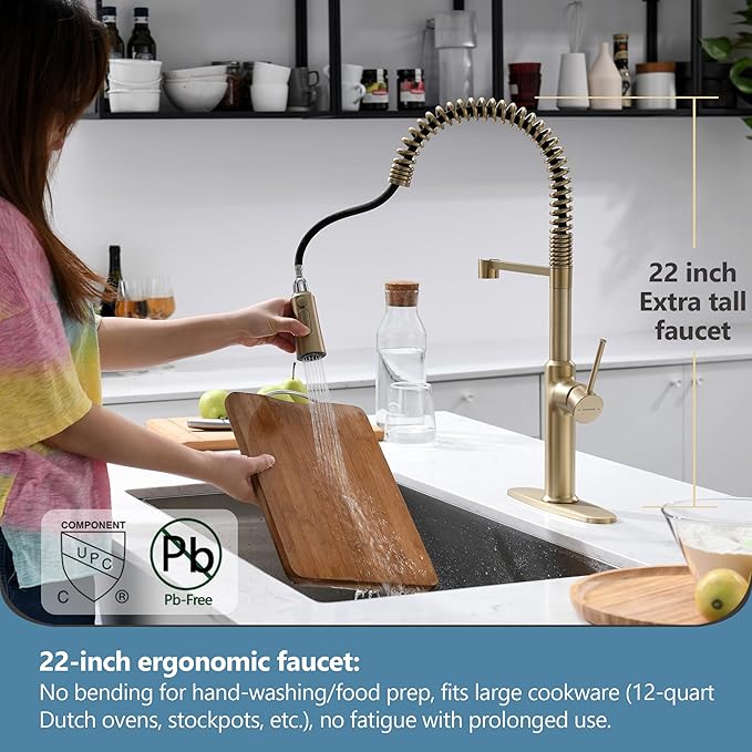 22‘’ Extra-Tall Brushed Gold Kitchen Sink Faucets, Commercial High Arc Single Handle Kitchen Faucets for Pull Down Sprayer Modern Spring with Deck Plate 22 inch