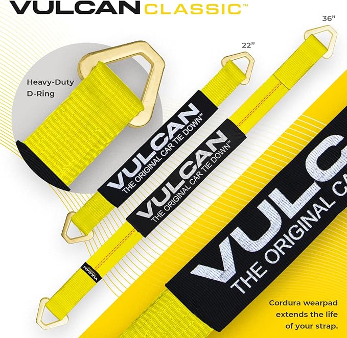 VULCAN Complete Axle Strap Tie Down Kit with Wire Hook Ratchet Straps - Classic Yellow - Includes (4) 22 Inch and (4) 36 Inch Axle Straps, and (4) 15' Wire J Hook Ratchet Straps
