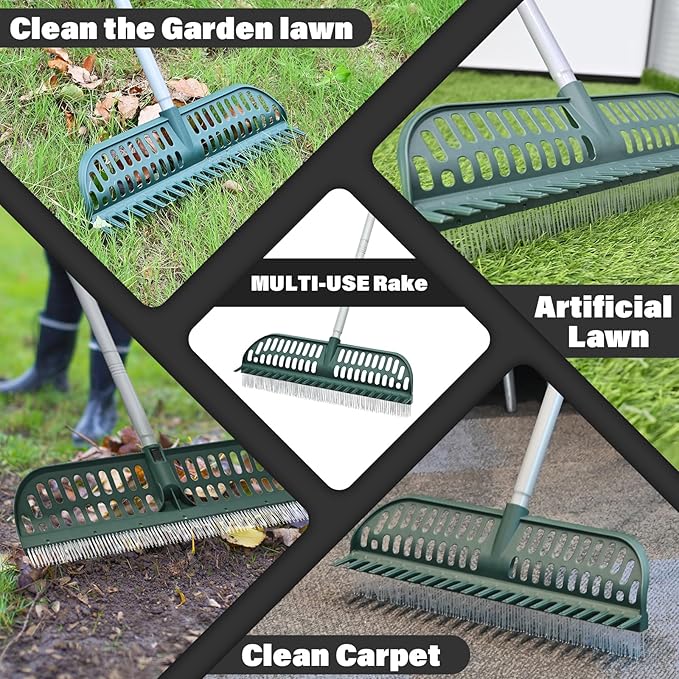 Artificial Turf Rake, 2 in 1 Turf Rake with Adjustable Steel Handle, 30" to 53" Long, 17.9 inch Wide for Artificial Grass and Lawn Leaf Removal, Carpet Rakes, Pet Hair Removal