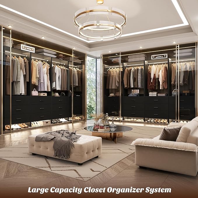 Aheaplus Closet System Closet Organizer, Wood Closet Organizer System, Walk-in Closet or Small Closets Wardrobe, Clothes Rack with Hanging Rods, 4FT Closets, Set of 2, Black