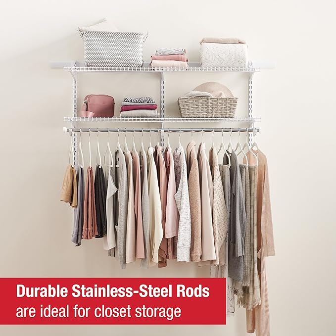 Rubbermaid Configurations Custom Closet Kit 3-6 Ft. Adjustable Metal Wire Shelving White Finish Expandable Organization System Hardware Included for Home Closet/Pantry/Laundry/Mudroom