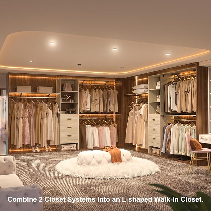 Armocity 120 Inches Closet System, 10FT Walk In Closet Organizer with 3 Shelving Towers, Heavy Duty Clothes Rack with 3 Drawers, Built-In Garment Rack, 120" L x 16" W x 75" H, Load 1300 LBS, White Oak