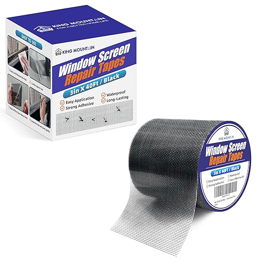 KING MOUNTAIN Black Window Screen Repair Tape,3inX40FT Heavy Duty Screen Repair Kit for Window Screen and Screen Door Tears Holes,Strong Adhesive & Waterproof Window Screen Patch