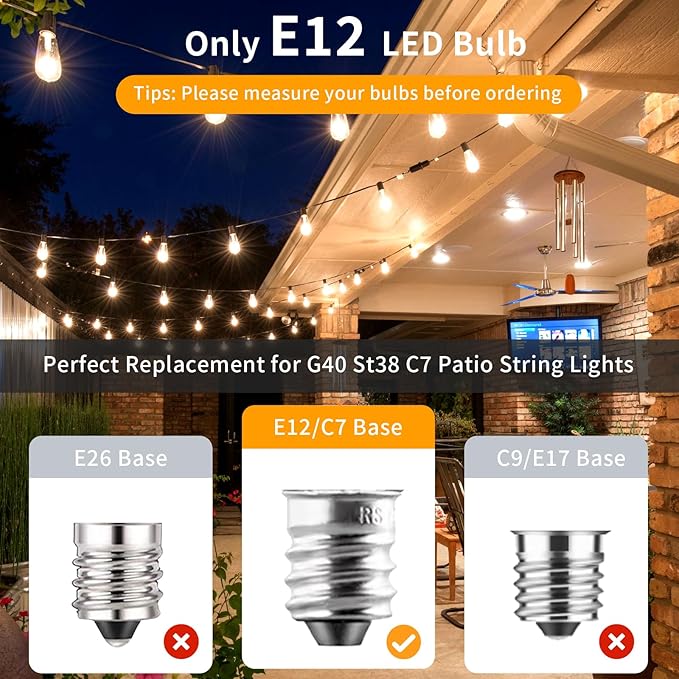 30Pack ST38 LED String Light Bulbs Clear Replacement Bulb 0.6W fits E12 C7 Screw Base Edison Bulbs for Outdoor String Lights Dimmable Bulbs Equal to 7W for Patio Decor, 2700K Warm White