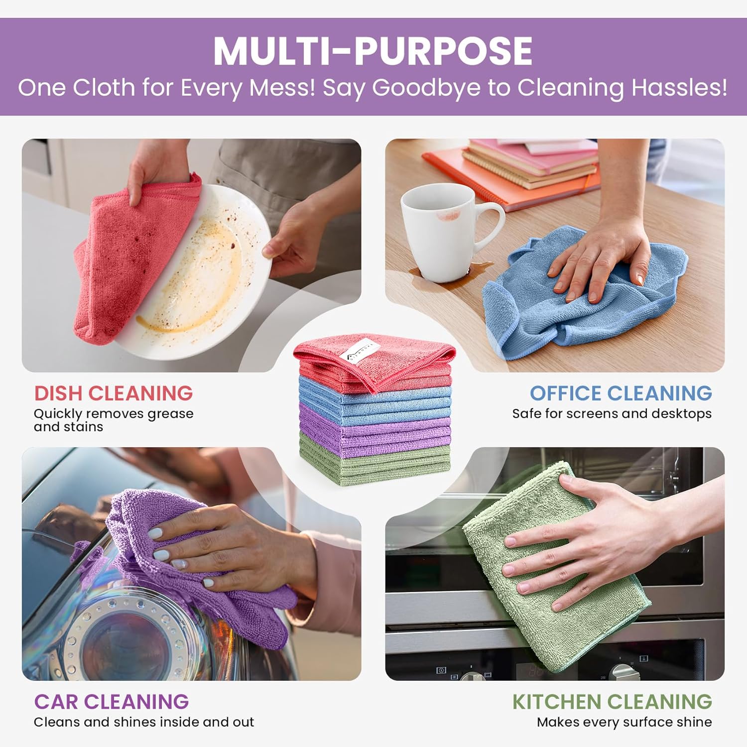 Microfiber Cleaning Cloth, 100 Pack Assorted Color Cleaning Rags for Housekeeping, Colorful Reusable Microfiber Towels for Car, Kitchen, Bathroom and Household Cleaning Supplies, 11.8"X11.8"